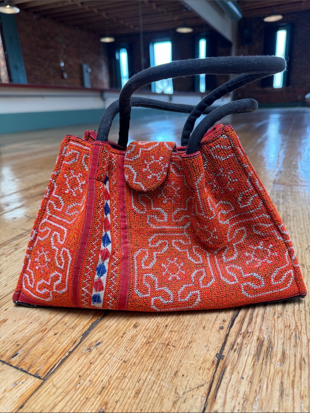 Handmade vintage 90s Orange Embroidered  Balinese Tote Bag
